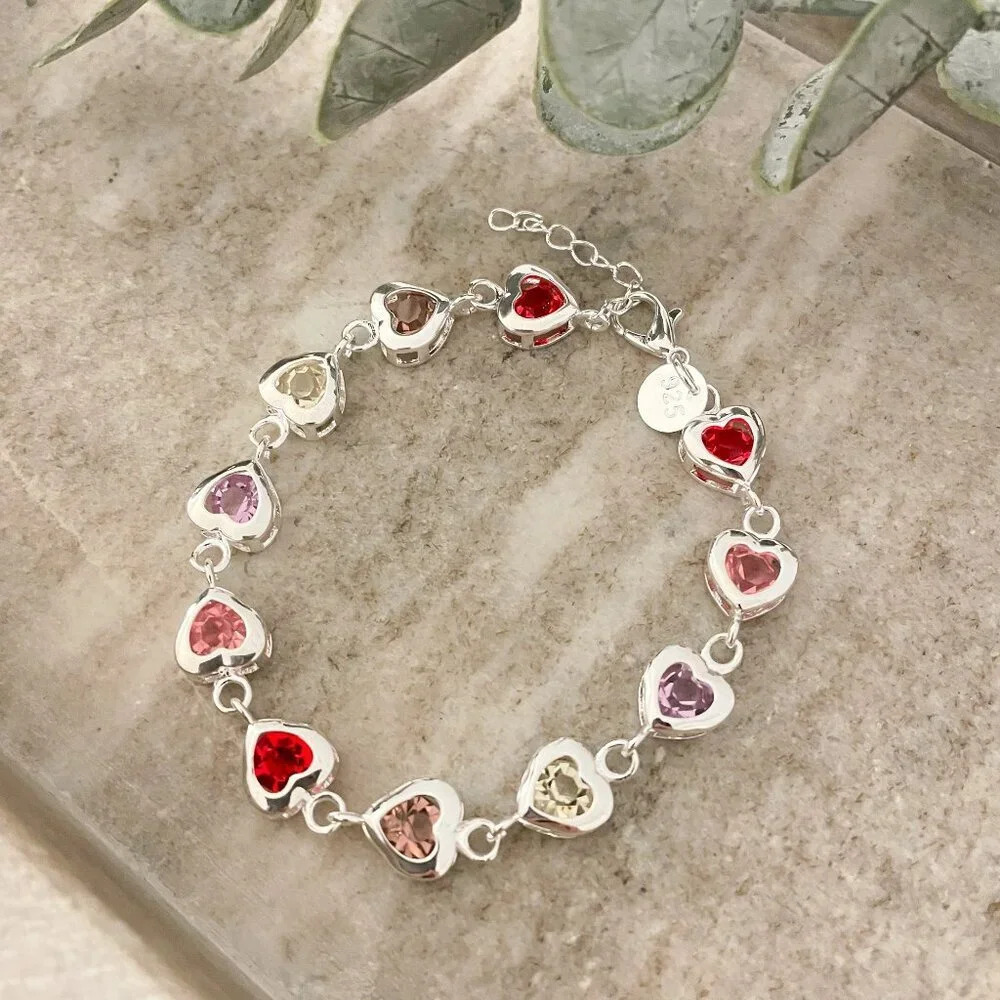 925 Sterling Silver Colorful Gems Heart Charm Bracelet Dainty Heart Bracelet - Picture 3 of 6
